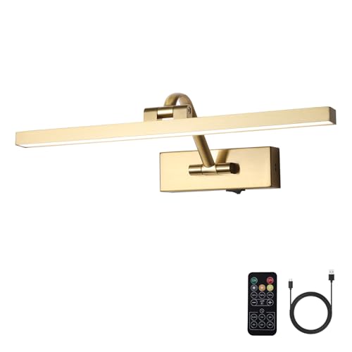 Wireless Picture Lights with Remote and Timer Brass Gallery Lighting Rechargeable Wireless Art Lights 3CCT Dimmable Painting Lights Battery operated wall lights for Portrait artwork display 3W 16" - color: Battery Operated Brass, size: 15.7 Inch