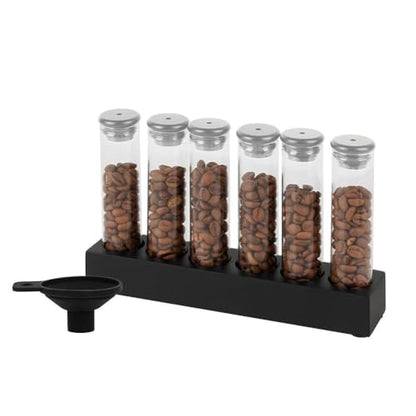 watchget Coffee Bean Container 6PCS Silver Coffee Bean Cellars Tubes Single Dose Coffee Bean Storage with One-Way Exhaust Valve & Black Stand & Silicone Funnel- Organized Storage Solution - color: Silver Aluminum Lid 6PCS