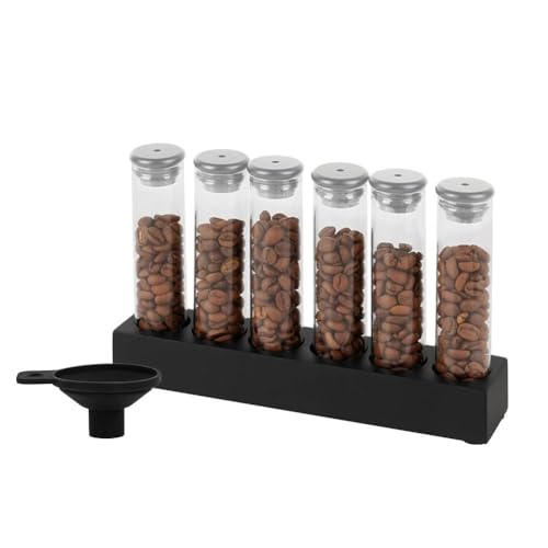 watchget Coffee Bean Container 6PCS Silver Coffee Bean Cellars Tubes Single Dose Coffee Bean Storage with One-Way Exhaust Valve & Black Stand & Silicone Funnel- Organized Storage Solution - color: Silver Aluminum Lid 6PCS