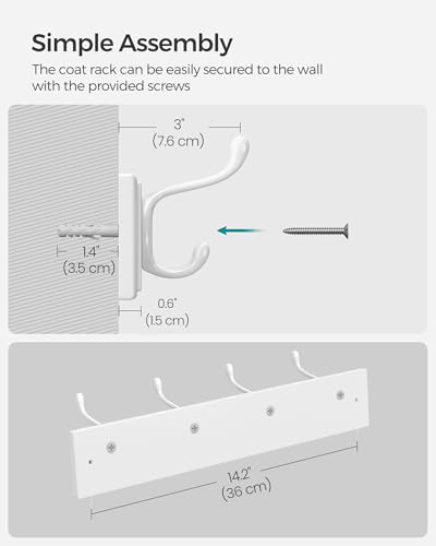 SONGMICS Wall-Mounted Coat Rack, Hook Rack, 4 Dual Metal Hooks, for Coats, Bags, Keys, in the Entryway, Bedroom, Living Room, White ULHR23WT - color: White, size: 1 Pack-4 Hooks