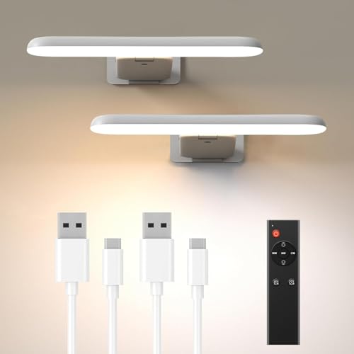 NARUNDREN 2 Pack Picture Lights for Wall, Rechargeable LED Picture Light Battery Operated with Remote, Dimmable Poster Light for Paintings, Portraits, Art Frames, Display Lighting for Wall Decor,White - color: White