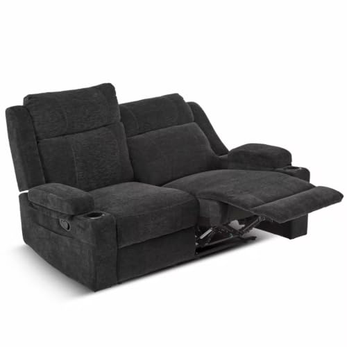 Manual Recliner Loveseat Sofa, Space-Saving Double Reclining Couch with Cup Holders & Storage Pockets, Compact 2-Seater Recliner for Living Room, Home Theater & RV (Black) - color: Black, size: 2 Seat