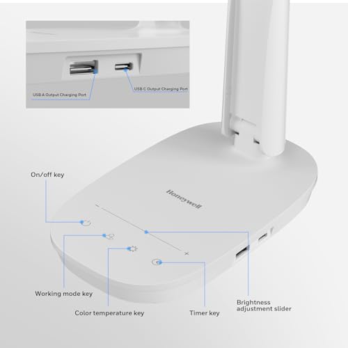Honeywell HWT-H2 LED Desk Lamp for Home Office, CRI94 Full Spectrum Eye-Caring Light, Dimmable Table Lamp with USB-A & USB-C Charging Ports, Foldable Touch Control Reading Lamp, White - color: White