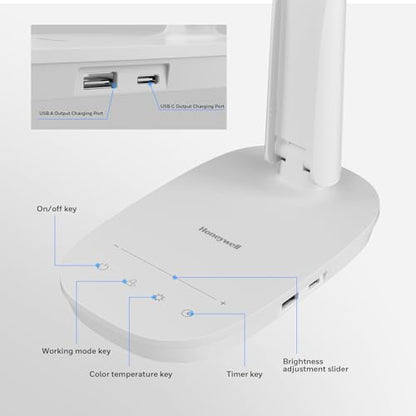 Honeywell HWT-H2 LED Desk Lamp for Home Office, CRI94 Full Spectrum Eye-Caring Light, Dimmable Table Lamp with USB-A & USB-C Charging Ports, Foldable Touch Control Reading Lamp, White - color: White