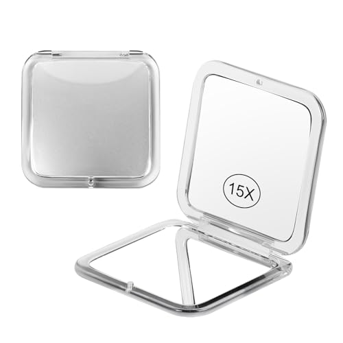 15x Magnifying Compact Mirror for Purses and Travel - Handheld 2 Sided 15x/1x Makeup Mirror - Slim Pocket Mirror, Portable & Foldable Square 3.3” x 3.3” (Silver) - color: Silver