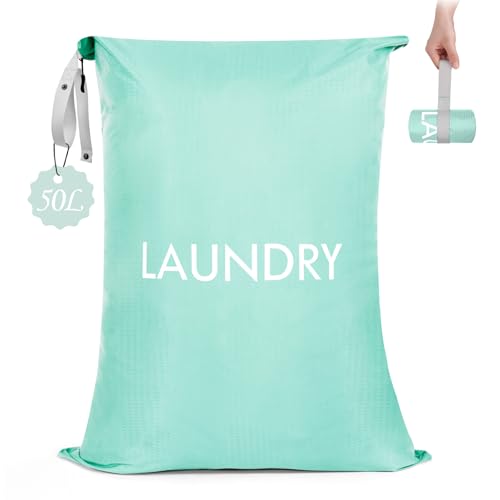 MissBoy 50L Travel Laundry Bag with Zipper, Heavy Duty & Odor-Proof Washable Nylon Sack for Dirty Clothes, Space-Saving Luggage Organizer & Dorm Room Essential for College Girls, Blue - color: Blue