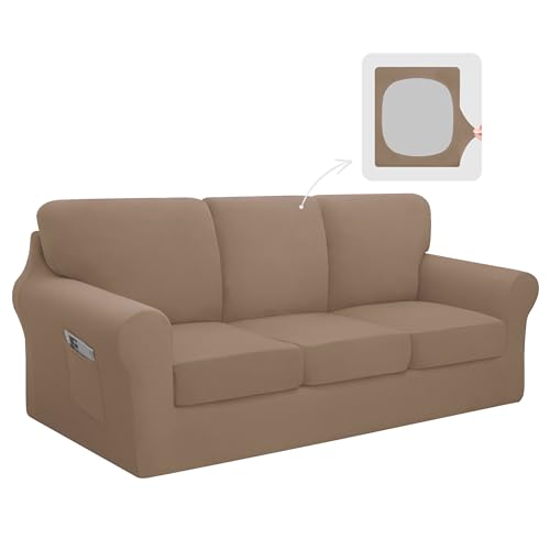 Easy-Going 7 Pieces Stretch Couch Cover Washable Sofa Cover Set for 3 Backrest and Seat Cushion Couch Anti-Slip Sofa Slipcover Furniture Protector with Elastic Bottom (Large, Camel) - color: Camel, size: Large