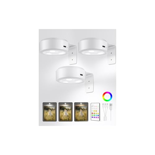 EZVALO Picture Lights for Wall, 2000mAh Rechargeable Battery Magnetic Poster Lights with 3 Color Temps & 12 RGB, Remote Dimmable Timer Painting Light, Wall Decor Light for Art Display, Frame (3 Pack) - color: White