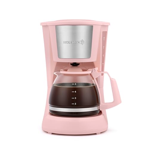 Holstein Housewares 5 Cup Drip Coffee Maker – Compact and User-Friendly with Auto Pause & Serve, Reusable Filter, Measuring Spoon & Glass Carafe, Office & Dorm Use, Pink - color: Pink, size: 5 Cup