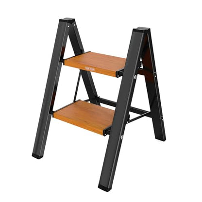 WOA WOA Step Ladder, Widening Pedals for Extra Balance, Lightweight Step Stool, Easy to Move Around, Foldable Ladder, Space Saving, Anti-Slip Stepladder 300 lbs Capacity (2 Step, Black & Wood Grain) - color: Black & Wood Grain, size: 2 Step