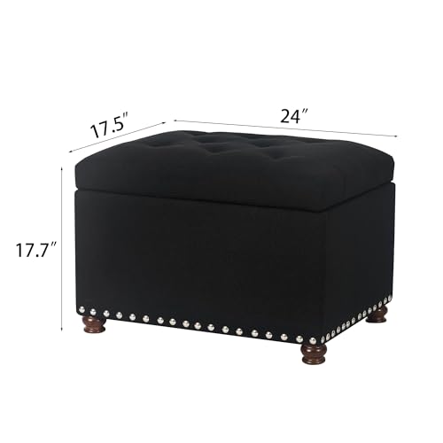 Joveco Storage Ottoman Bench, Rectangle 24″ Linen Foot Rest Stool Square Footstool for Living Room, Bedroom, Black - color: Line Black
