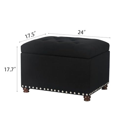Joveco Storage Ottoman Bench, Rectangle 24″ Linen Foot Rest Stool Square Footstool for Living Room, Bedroom, Black - color: Line Black