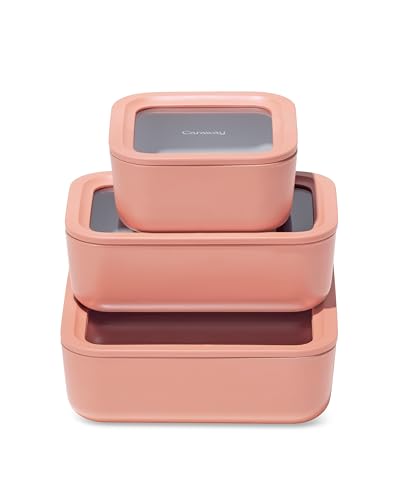 Caraway 3pc Glass Food Storage Set - 10, 6.6, & 4.4 Cup Containers - Ceramic Coated - Non-Toxic Non-Stick Lunch Box With Glass Lids - Dishwasher, Oven, & Microwave Safe - Perracotta - color: Perracotta, size: Food Storage Set (3x)