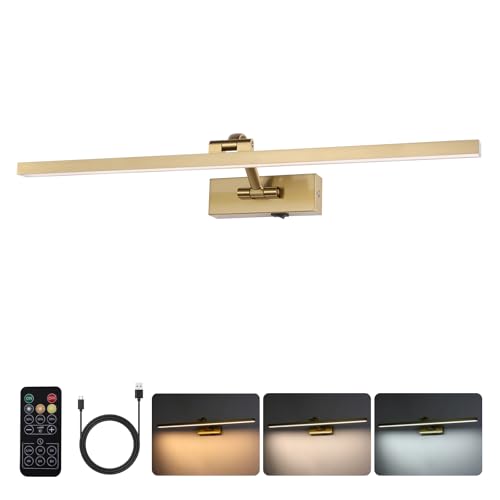 Wireless Picture Lights for Wall Battery Operated, Brass Art Lighting for Paintings Rechargeable Gallery lights with Remote and Timer 3CCT Dimmable Painting Lights for Artwork Portrait 23.6 inch - color: Battery Operated Brass, size: 23.6 Inch
