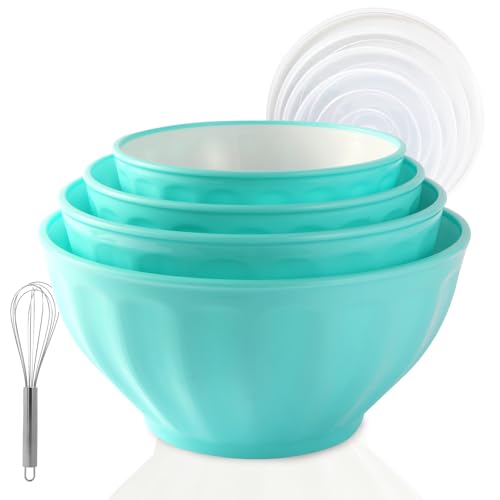 Plastic Mixing Bowls,Serving Bowls with Lids Set,4 Bowls 4 Lid 1Egg Whisk for Kitchen Mixing,Storage Food,Refrigerator, Dishwasher, Microwave safe,Blue - color: Blue