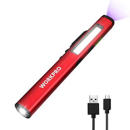 WORKPRO Rechargeable Pen Light, 450 Lumen LED Flashlight with 365 nm UV Black Light, Multifunctional Penlight for Mechanic Emergency Outdoor - color: Red