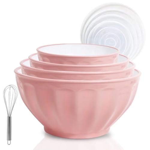Mixing Bowls with Lids Set,4 Piece Large Plastic Nesting Bowls,Includes 4 Microwave safe Mixing Bowl and An Egg Whisk for Kitchen Prepping,Baking,Cooking Food, Pink - color: Pink