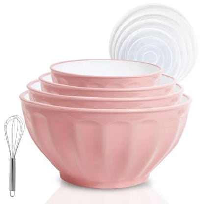 Mixing Bowls with Lids Set,4 Piece Large Plastic Nesting Bowls,Includes 4 Microwave safe Mixing Bowl and An Egg Whisk for Kitchen Prepping,Baking,Cooking Food, Pink - color: Pink