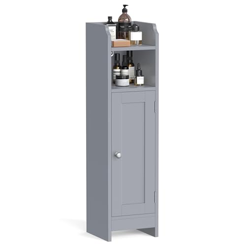 VASAGLE Small Storage Corner Floor Cabinet with Door, 7.9 x 7.1 x 31.5 Inches, Narrow Toilet Paper Storage Holder, Adjustable Shelves, for Bathroom, Living Room, Small Spaces, Dove Gray UBBC310P36 - color: Dove Gray, style: 1door+1open compartment (31.5"H