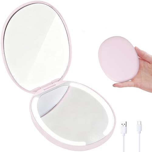 Compact Mirror with Light, Portable Small Foldable Makeup Compact Mirrors with 1X 5X Magnification, USB Rechargeable Travel Magnifying Make Up Pink Mirrors with 3 Color Lighting for Purse Pocket - color: Pink