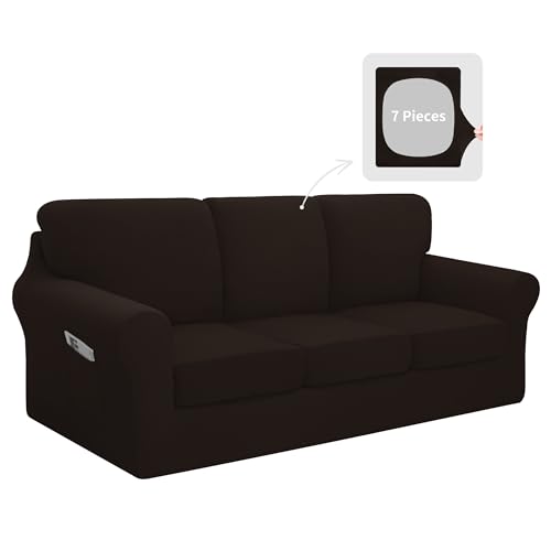 Easy-Going 7 Pieces Stretch Couch Cover Washable Sofa Cover Set for 3 Backrest and Seat Cushion Couch Anti-Slip Sofa Slipcover Furniture Protector with Elastic Bottom (Large, Chocolate) - color: Chocolate, size: Large
