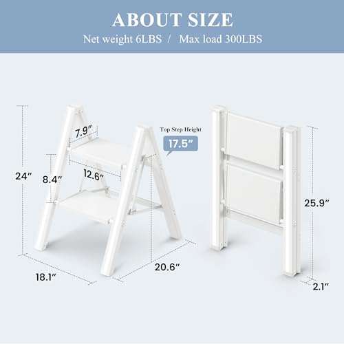 2 Step Ladder, Folding Step Stool with Wider Pedal, Anti-Slip Feet & Non Slip Stripes, Aluminum Sturdy Material, 300Lbs Capacity, Elegant Look of Modern White Better Matches Your Home - color: White, size: 2 Step