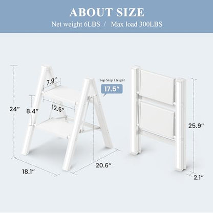 2 Step Ladder, Folding Step Stool with Wider Pedal, Anti-Slip Feet & Non Slip Stripes, Aluminum Sturdy Material, 300Lbs Capacity, Elegant Look of Modern White Better Matches Your Home - color: White, size: 2 Step