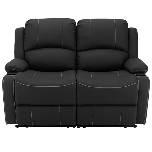 Camper Comfort 58" Wall Hugger Reclining RV Theater Seats | Double Recliner RV Sofa | RV Couch | Wall Hugger Recliner | RV Theater Seating | RV Furniture (Manual, Black w/White Stiching) - color: Black W/ White Stiching, style: Manual