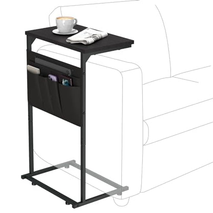 C Shaped End Table, Small Sturdy Side Sofa Table with Metal Frame for Living Room and Bedroom, Slide Under Table Couch Side Tables with Storage Bag, Black ZER-007B - color: Black