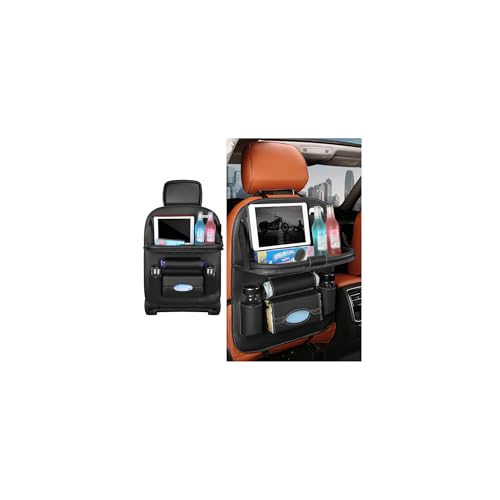 Car Seat Back Organizer, Leather Vehicle Seatback Storage Pocket with Foldable Table Tray, Multifunctional Automotive Backseat Protectors Kick Mats Accessories, Universal Fit (Black) - color: Black
