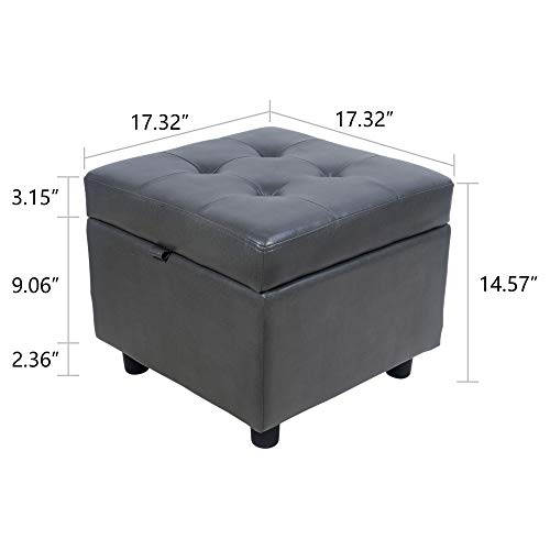 H&B Luxuries Tufted Leather Square Flip Top Storage Ottoman Cube Foot Rest (Grey with Storage) - color: Grey With Storage