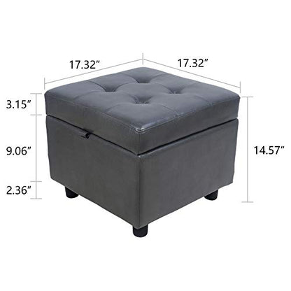 H&B Luxuries Tufted Leather Square Flip Top Storage Ottoman Cube Foot Rest (Grey with Storage) - color: Grey With Storage