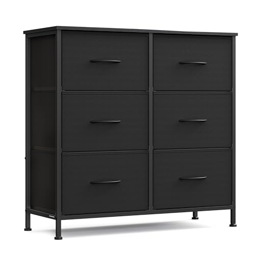 SONGMICS BELLAH Collection - Dresser for Bedroom, Chest of Drawers, Storage Organizer Unit, Closet, Entryway, Steel, 6 Drawers, Modern, Ink Black and Ebony Black ULGS123B01S - color: Ink Black + Ebony Black, size: 11.8"D x 30.2"W x 29"H (6 Drawers)
