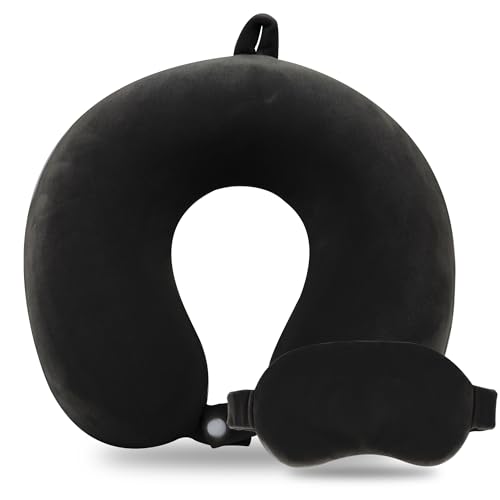 Sexysamba Pure Memory Foam Travel Pillow Set for Adults - Comfortable & Removable Machine Washable Cover, Neck Support Pillow Airplane Travel Kit with Eye Mask for Portable Plane Accessories - Black - color: Black