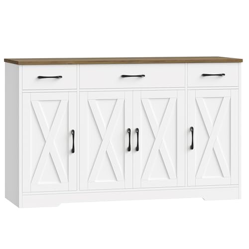 HOSTACK Buffet Cabinet with Drawers, 55" Large Sideboard Buffet Storage Cabinet with Shelves and Doors, Modern Farmhouse Coffee Bar Station Wood Kitchen Table for Kitchen, Dining Room, White/Rustic - color: White/Rustic