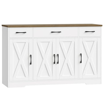 HOSTACK Buffet Cabinet with Drawers, 55" Large Sideboard Buffet Storage Cabinet with Shelves and Doors, Modern Farmhouse Coffee Bar Station Wood Kitchen Table for Kitchen, Dining Room, White/Rustic - color: White/Rustic