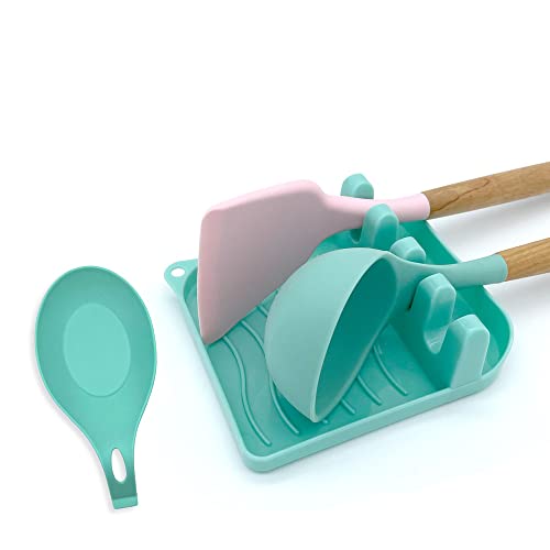 2 Pack Multiple Utensil Spoon Rest with Drip Pad Non-Slip Heat Resistant Kitchen and Grill Spoon Holder for Spatula, Ladle, Tongs, Kitchen Gadgets, and Cooking Accessories (Lake Green) - color: Lake Green