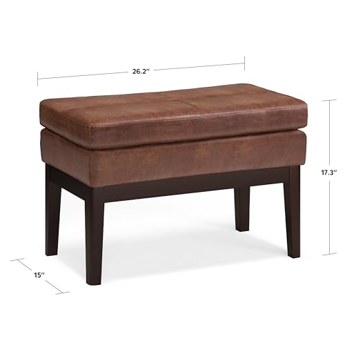 SIMPLIHOME Carlson Small Ottoman Bench - 27 inch Wide Upholstered Woven Fabric Rectangle Ottoman in Distressed Saddle Brown, Mid Century Modern Bench for Bedroom or Living Room with Padded Seat - color: Distressed Saddle Brown, style: Small Ottoman Bench