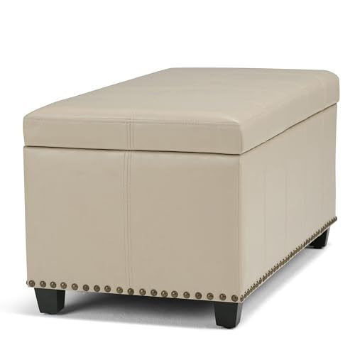 SIMPLIHOME Amelia Storage Ottoman - 33 inch Wide Vegan Leather Rectangle Storage Ottoman Bench in Satin Cream, Transitional Ottoman for Living Room with Nailhead Trim and Lift-Up Lid - color: Satin Cream