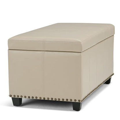 SIMPLIHOME Amelia Storage Ottoman - 33 inch Wide Vegan Leather Rectangle Storage Ottoman Bench in Satin Cream, Transitional Ottoman for Living Room with Nailhead Trim and Lift-Up Lid - color: Satin Cream