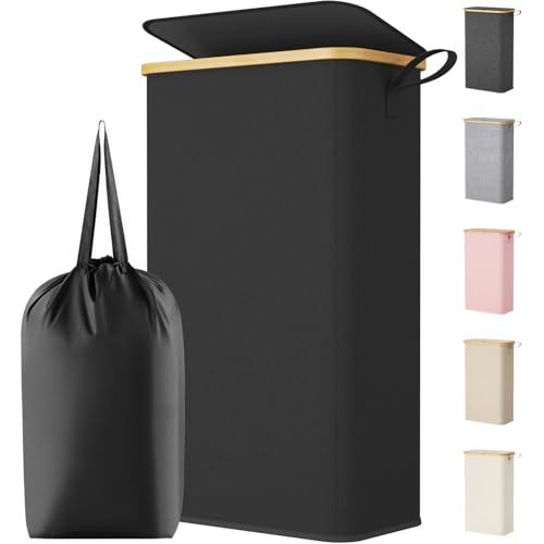 Lifewit 75L Slim Laundry Hamper with Lid, Narrow Laundry Basket with Removable Bag & Bamboo Handles, Fodable Thin Dirty Clothes Hamper for Laundry Collapsible Bin for Bathroom Bedroom Dorm, Black - color: Black, size: 75L
