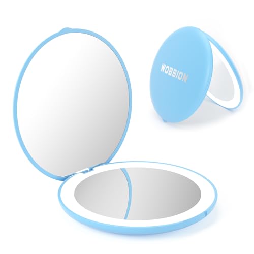 WOBSION Travel Compact Mirror,Portable 1x/10x LED Makeup Mirror with Magnification,Handheld 2-Sided Pocket Mirror, 3.5in Small Mirror for Purse,Handbag,Gifts,Blue - color: 3.5inch Battery Blue