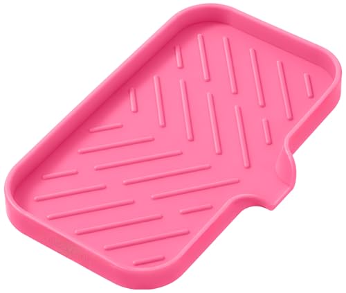 MicoYang Silicone Soap Dish with Drain Spout — Self-Draining Sink Organizer Tray for Bathroom & Kitchen, Sponges, Dispensers & Soap Holder, Non-Slip & Dishwasher Safe, Rose (Medium, 9.6"×5.3") - color: Rose, size: M(9.6"×5.3")