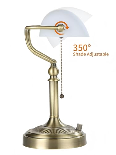 White Matted Glass Bankers Desk Lamp, Stepless Dimmable Table Lamp Plug in Fixture for Study, Home Office,Library, LED Bulb Included
