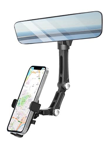 Karmus Rearview Mirror Phone Holder for Car, Rear View Mirror Phone Holder, Rotatable and Retractable Car Phone Holder Mount, Car Truck Essentials Accessories Compatible with All Cell Phones - color: Press-Type Black