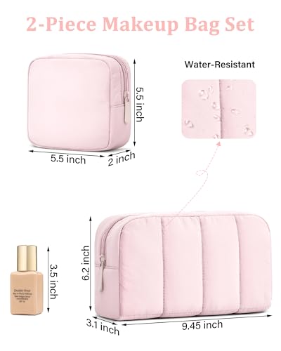 oscaurt 2 Pcs Makeup Bag Travel Toiletry Bag for Women Puffy Padded Cosmetic Pouch Purse Wide-open Makeup Organizer Case Travel Essentials - color: Pink-Set