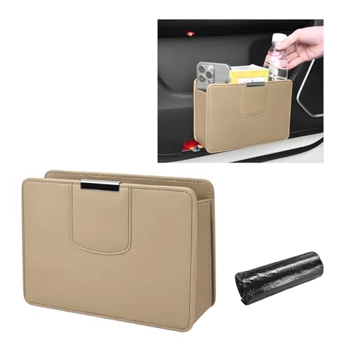 Car Trash Can, Leather Magentic Vehicle Garbage Organizer with One Roll Trash Bag, Foldable Waterproof Dustbin Litter Container Mini Sotrage Bag for Car Truck SUV (Beige) - color: Beige