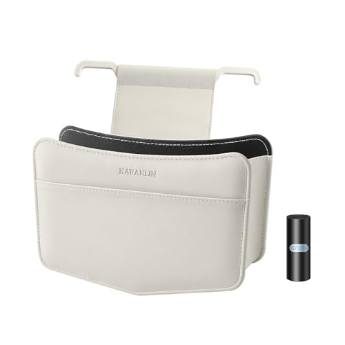 Car Trash Can Small Leather Vehicle Trash Bin Car Dustbin Garbage Organizer Holder with Trash Bag Foldable Mini Cars Storage Bag Container for Auto SUV Van Trucks (White,Hanging Hook) - color: white, style: hanging hook