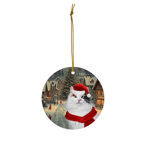 Tortie Turkish Van Cat Christmas Ornament 2026 Santa Hat Winter Village Landscape Scene Circle Ceramic Holiday Tree Hanging Decor Keepsake Gifts for Turkish Van Cat Lovers