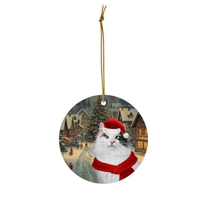 Tortie Turkish Van Cat Christmas Ornament 2026 Santa Hat Winter Village Landscape Scene Circle Ceramic Holiday Tree Hanging Decor Keepsake Gifts for Turkish Van Cat Lovers